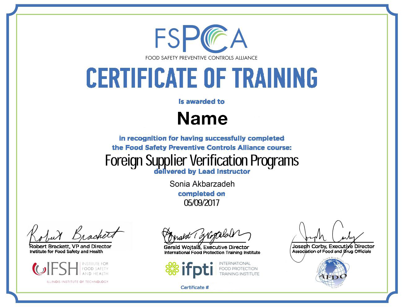 FSPCA FSVP Certificate