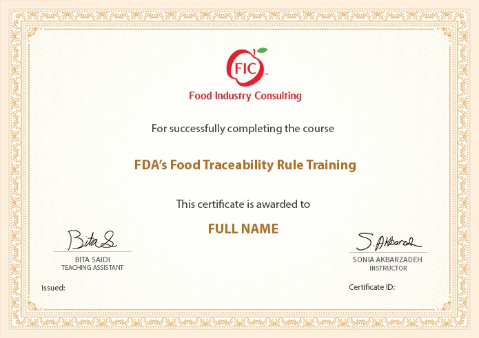 FIC's FDA Recall Requirements Course Sample Certificate