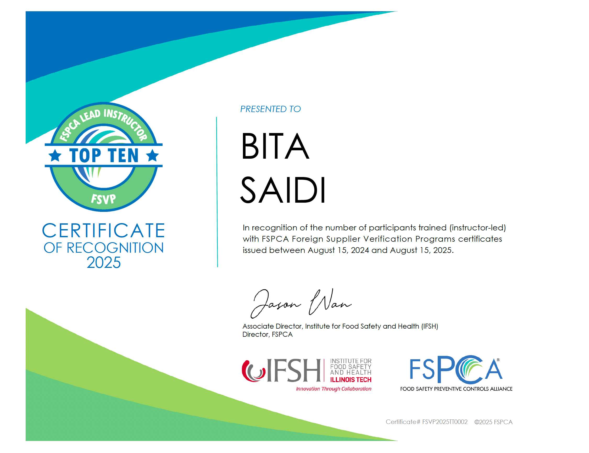 Bita Saidi, Top 10 FSPCA FSVP Lead Instructor 2025