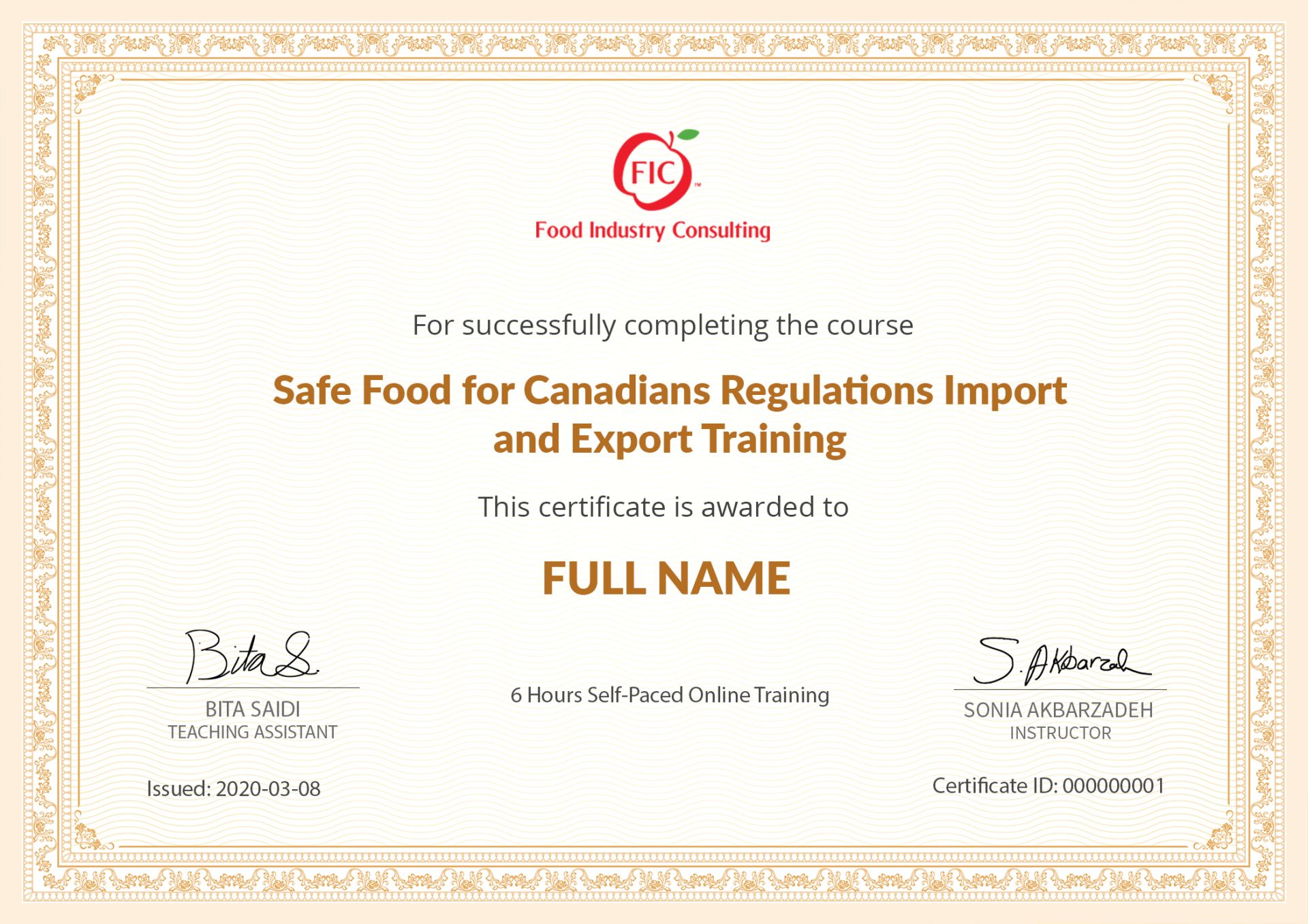 FIC SFCR Course Sample Certificate