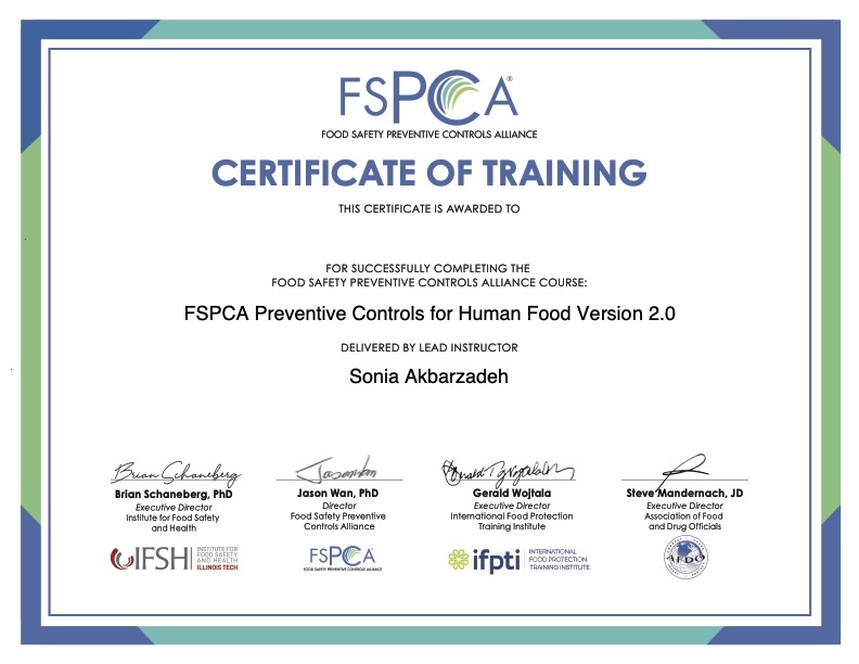 FSPCA PCQI Sample Certificate