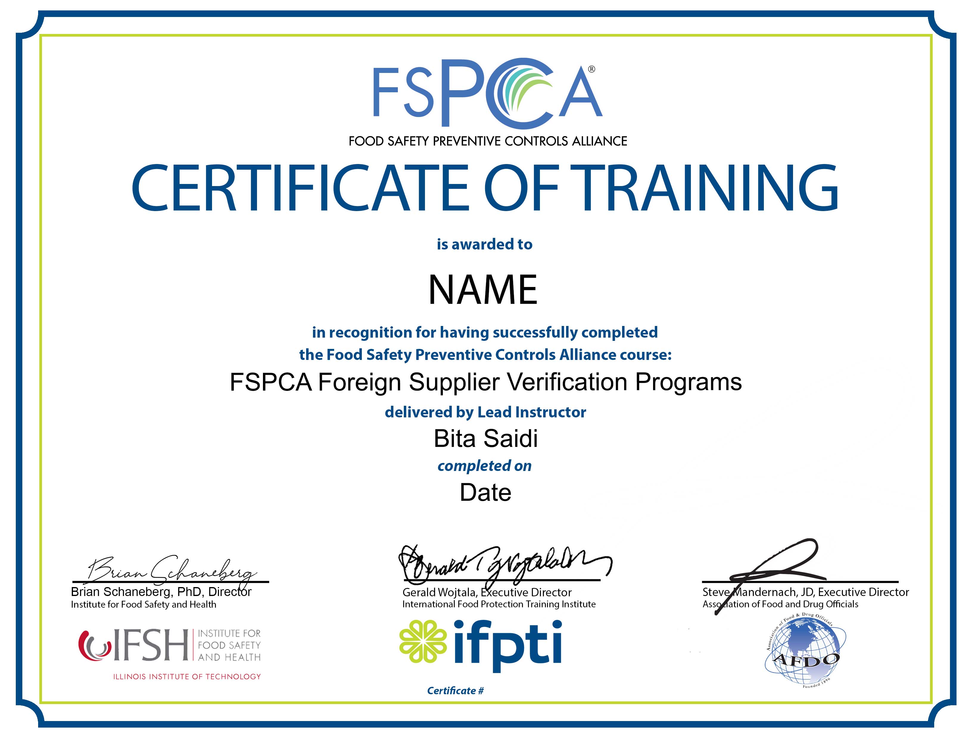 FSPCA FSVP Sample Certificate